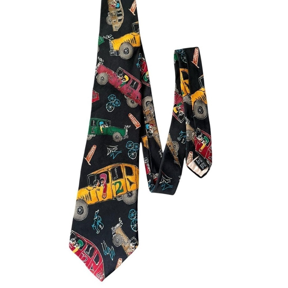 Black and multi-coloured vintage 90s John Melson necktie with cars and trucks